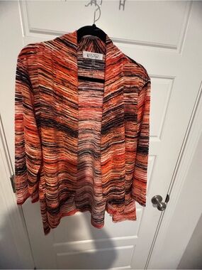 Kasper Multicolor Open-Front Knit Cardigan in Orange and Black Stripes